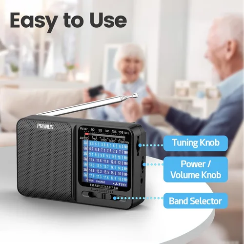 Miniatura 5 de PRUNUS J-711 - Radio portátil AM/FM/SW1-SW7 de onda corta, carga USB-C y operada por baterías AA, excelente recepción, antena larga, conector