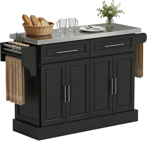 HomCom Isla para cocina. Gabinete moderno con ruedas, con parte superior de acero inoxidable., Negro