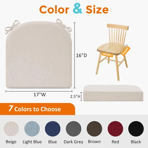 Miniatura 6 de downluxe Cojines para sillas de comedor, almohadillas de lino de espuma viscoelástica para sillas de cocina con lazos, cubierta impermeable, Beige