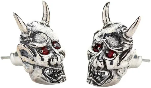 Miniatura 2 de Pendientes de plata de ley con ojos rojos japoneses de diablo calavera Oni máscara