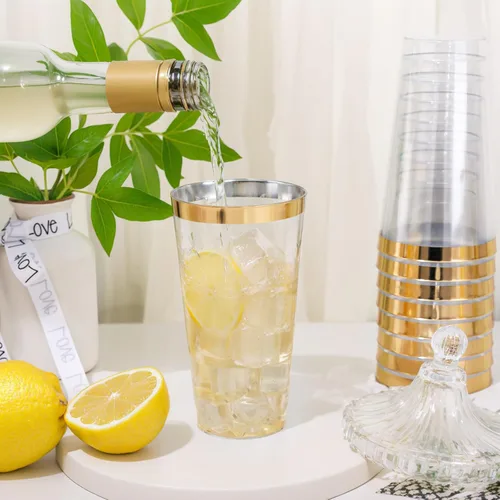 Miniatura 2 de DaYammi Paquete de 100 vasos de plástico dorados de 16 onzas, elegantes vasos de plástico transparente con borde dorado, desechables, copas de vino