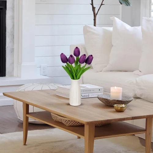 Miniatura 5 de Briful Paquete de 2 tulipanes artificiales de flores sintéticas con jarrón de cerámica, tulipanes morados de espuma de polietileno, arreglo floral