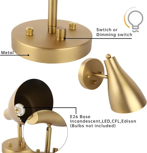 Miniatura 5 de Pathson Lámpara de pared ajustable con interruptor de atenuación, iluminación vintage de pared de noche con acabado negro mate, lámpara de pared