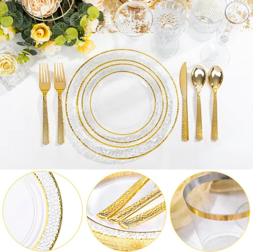 Miniatura 3 de Ciaell 350 piezas de platos de plástico transparentes con ribete dorado para 50 invitados, incluye 100 platos de plástico, 50 servilletas Claro