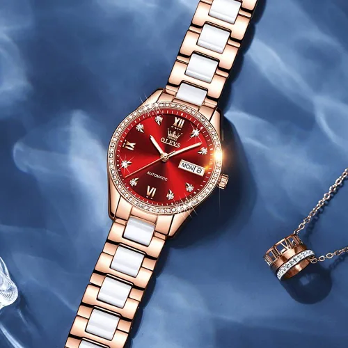 Miniatura 8 de OLEVS Relojes de oro rosa para mujer correa de acero inoxidable de cerámica reloj mecánico automático calendario de puntero luminoso impermeable