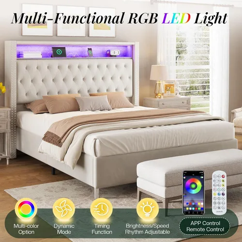 Miniatura 4 de Jocisland Marco de cama tamaño Queen de 53.2 pulgadas con cabecero de almacenamiento alto, luces LED y estación de carga, cama plataforma