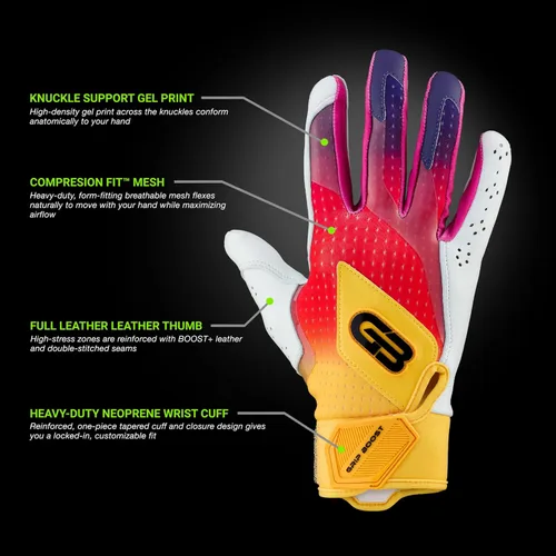 Miniatura 2 de Grip Boost Loaded - Guantes de bateo de béisbol con piel Boost Plus, tallas para adultos y jóvenes Puesta de sol