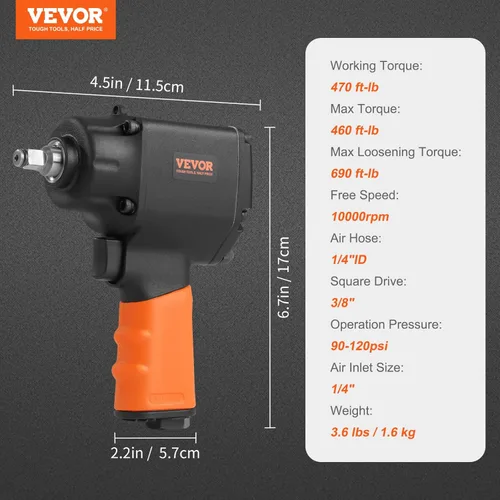 Miniatura 8 de VEVOR Llave de Impacto Neumática, Pistola de Impacto Neumática de Transmisión de 3/8 Pulgadas, Hasta 690 ft-lbs de Torque de Aflojamiento