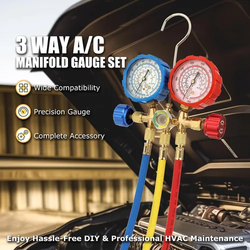 Miniatura 2 de Juego de manómetro de 3 vías de AC, compatible con refrigerantes R134A R12 R22 y R502, con manguera de 5 pies, adaptadores de tanque Acme