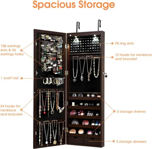 Miniatura 2 de Giantex Organizador de joyas montado en la paredpuerta con 2 luces LED, armario de joyería de altura ajustable con cerradura con espejo de longitud