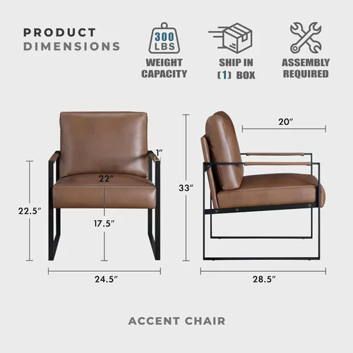 Miniatura 2 de Lexicon Silla decorativa moderna, tapizada de piel sintética con reposabrazos envueltos, sillón con marco de metal negro, cómoda silla individual