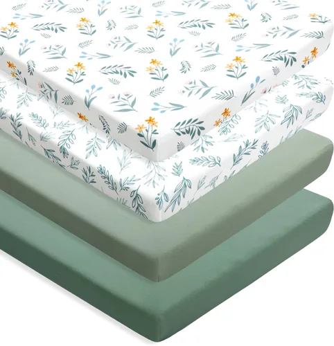 Miniatura 11 de Paquete de 4 sábanas bajeras de color verde salvia, transpirables, neutrales, unisex, para niños o niñas, con diseño de hojas y flores, sábana