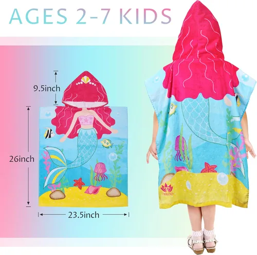 Miniatura 4 de Tirrinia Toalla de poncho de sirena para niños, toallas con capucha para niñas de 2 a 7 años, regalo de 24 x 52 pulgadas, 100% algodón