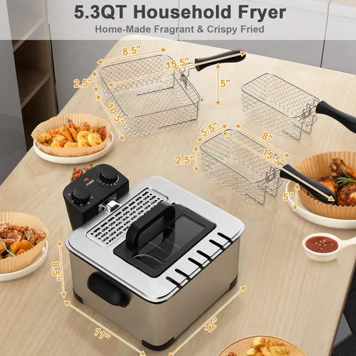 Miniatura 7 de ARLIME Freidora eléctrica con canasta, freidora comercial de 5.3 cuartos de galón con temperatura ajustable, temporizador, tapa extraíble