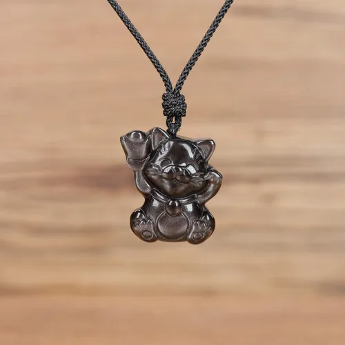 Miniatura 5 de COAI Collar colgante de piedra de obsidiana de gato de la suerte, Piedra, obsidiana