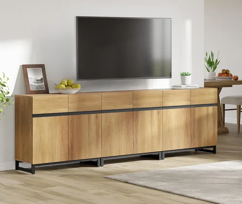 Miniatura 9 de WAMPAT Moderno soporte de TV para televisores de hasta 100 pulgadas, centro de entretenimiento de madera 3 en 1 con estantes ajustables y Roble