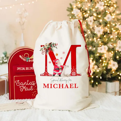 Miniatura 3 de Saco de Santa de Navidad inicial personalizado, bolsa de regalo de Navidad personalizada, bolsa de cordón con monograma