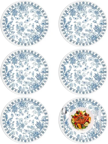 Miniatura 9 de Tarklanda - Juego de 6 manteles individuales redondos de plástico chinoiserie de 13.4 pulgadas, lavables, de vinilo, color azul y blanco