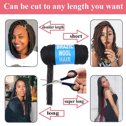 Miniatura 3 de COOKOO 2 rollos de hilo de lana brasileña color negro natural para cabello trenzado de ganchillo, trenzas, torsión, urdimbres, torsión senegalesa