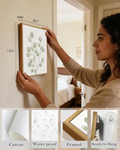 Miniatura 3 de KUVIOKE Arte botánico enmarcado bohemio para pared de plantas de baño, decoración de pared, impresiones de hojas de eucalipto verde salvia, estética
