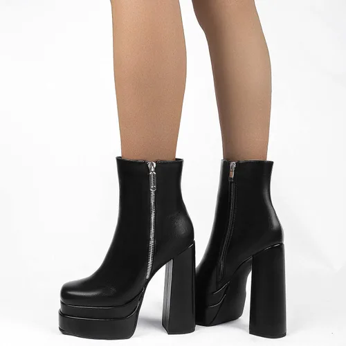 Miniatura 3 de SIFINELAR Botas de tobillo con plataforma para mujer tacón alto tacón grueso punta cuadrada botas cortas con cremallera lateral