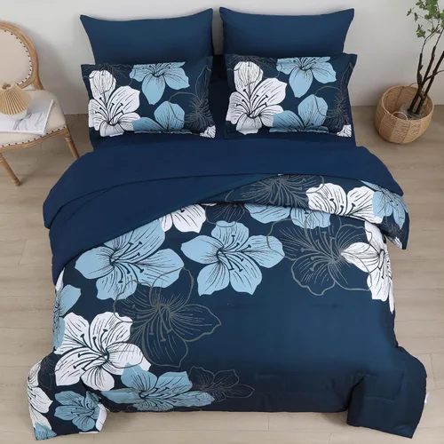 Miniatura 3 de Luxudecor Juego de edredón azul marino, tamaño Queen, 7 piezas de cama en una bolsa, juego de edredón floral azul marino y juego de sábanas, juego