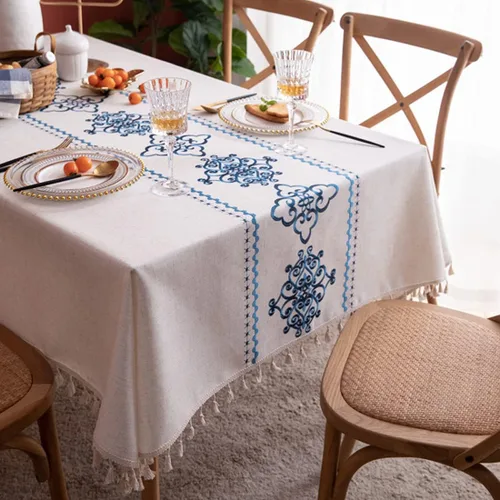 Bringsine Mantel sólido de lino de algodón, mantel rectangular para cocina, comedor, mesa, bufé, decoración color azul (oblongo, 55 x 55 pulgadas)
