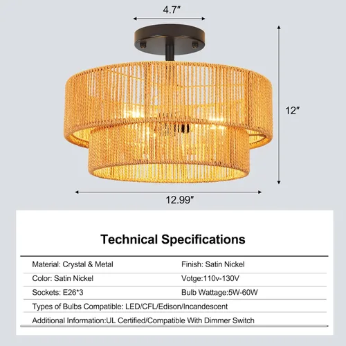 Miniatura 6 de ZECOXOL Lámpara de Techo de Ratán Moderna Bohemia Chandelier de Montaje Empotrado Luz de Techo de 3 Luces 12.99", Lámparas de Luz de Mimbre Tejido
