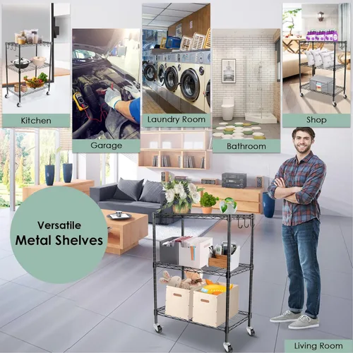 Miniatura 6 de WDT Estantes de almacenamiento de 3 niveles, estantes de metal resistente, estante ajustable con ruedas para oficina en casa, garaje, cocina, baño