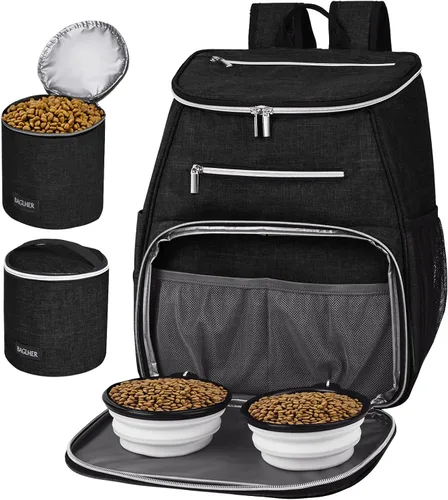 BAGLHER Mochila de viaje para perros, mochila de suministros para mascotas aprobada por aerolíneas, bolsa de viaje para perros con 2 cuencos Negro