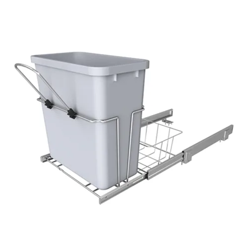 Miniatura 7 de Rev-A-Shelf Bote de basura extraíble universal de 20 cuartos de galón para gabinete de cocina de alambre metálico deslizante con cesta trasera