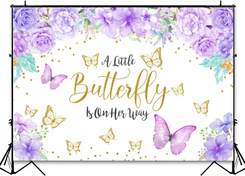Miniatura 3 de Telón de fondo morado floral de mariposa para baby shower, lavanda con texto en inglés "A Little Butterfly is On The Way", telón de fondo
