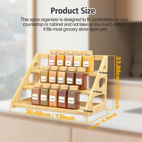 Miniatura 5 de Estante de especias – Organizador de especias escalonado para gabinete – Estante de especias de bambú de 3 niveles para encimera