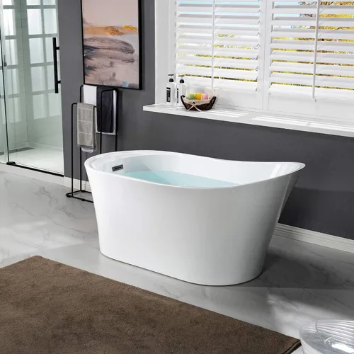 Miniatura 3 de WOODBRIDGE Bañera de acrílico independiente de 59 pulgadas, bañera contemporánea con desbordamiento y drenaje negro mate B0083-MB-Drain O/blanco