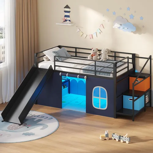 DICTAC Cama alta baja con tobogán, escalera de almacenamiento y luces LED, cama alta de metal tamaño individual con espacio de juego debajo de la