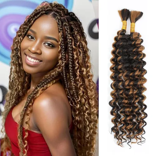 Miniatura 42 de Mezcla de cabello humano trenzado sintético bohemio para trenzar, 16 pulgadas de onda profunda a granel para trenzas bohemias, 2 piezas de cabello 1b