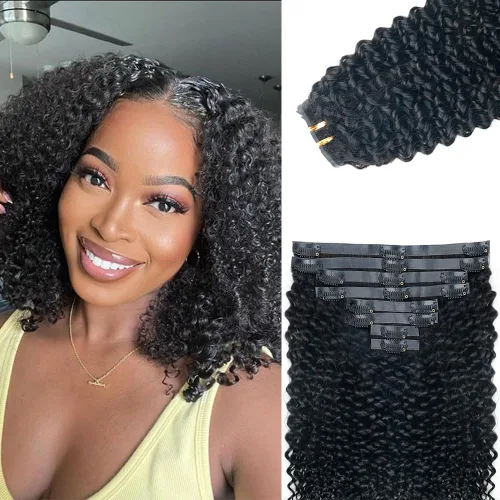 Miniatura 22 de Extensiones de cabello humano rizado con clip, 3C 4A, rizado con clip, cabeza completa, para mujeres negras, cabello humano brasileño Remy