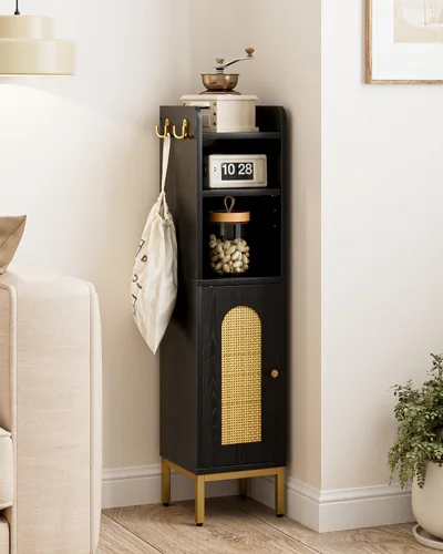 Miniatura 8 de Gabinete de Almacenamiento para Baño, Pequeño Mueble de Esquina de Piso con 2 Ganchos, Gabinete Estrecho para Papel Higiénico con Puerta de Ratán