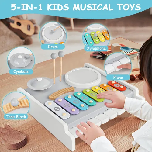 Miniatura 2 de Juego de instrumentos musicales para niños, batería de piano - Juguetes Montessori 5 en 1 para bebés pequeños, kit de música de madera con teclado