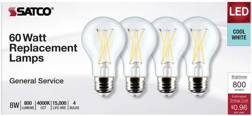 Miniatura 3 de Satco 12464-8A19/CL/LED/E26/940/4PK/120V (S12464) A19 A Line Pear Bombilla LED