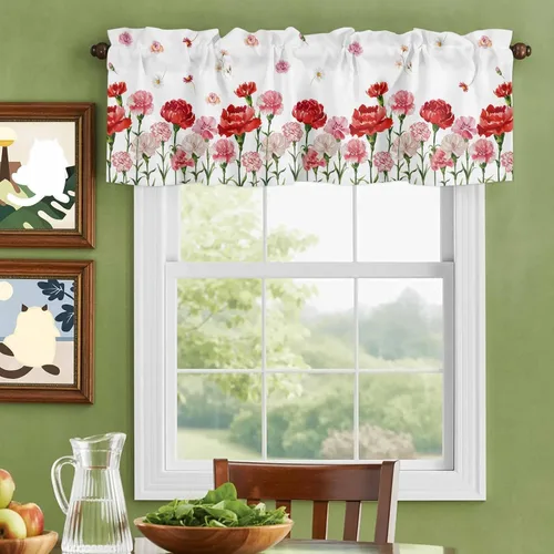 Miniatura 8 de Cenefa floral para ventanas, cortinas de clavel rojo y rosa, cenefas con bolsillo para barra, cenefa de ventana para primavera, vacaciones, día