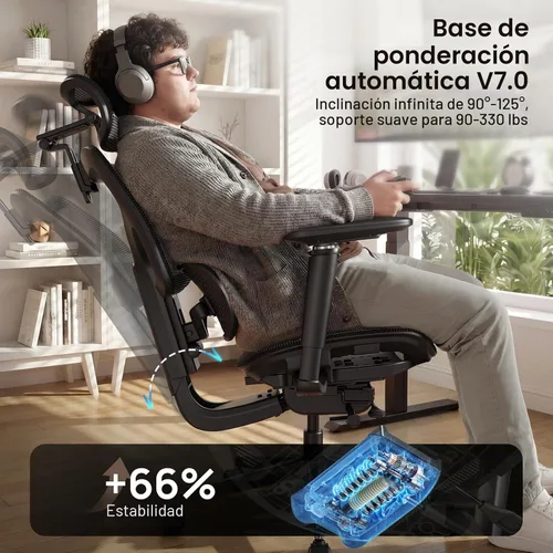 Miniatura 8 de Silla de oficina ergonómica con soporte lumbar, más de 10 horas sentado, cómodo, sillas de escritorio de malla grandes y altas, reposacabezas 4D
