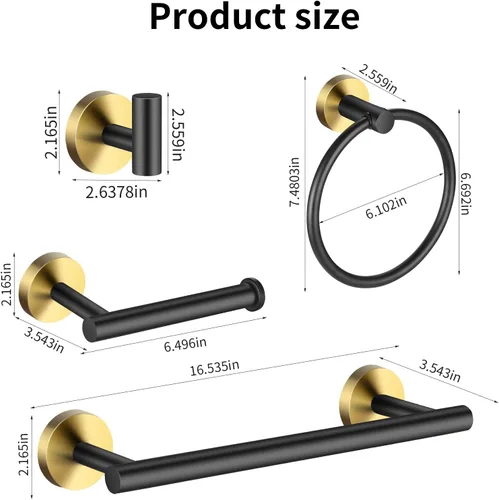 Miniatura 7 de Juego de accesorios de baño Hinmood Negro y Oro, juego de toallas que incluye 2 barras de toalla de 16 pulgadas, 2 soportes de papel higiénico, 2
