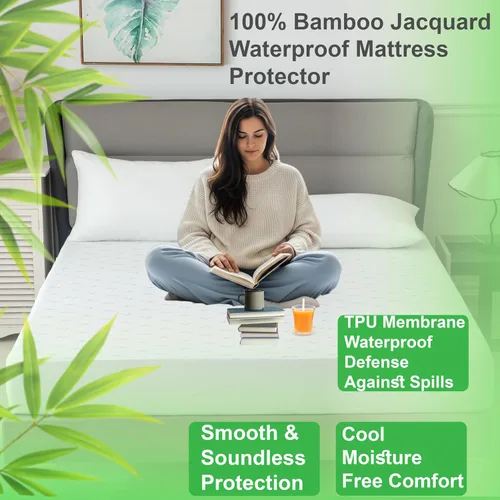 Miniatura 3 de Protector de colchón impermeable jacquard de bambú de lujo, ultrasuave, transpirable y silencioso, barrera 100% líquida para manchas y derrames