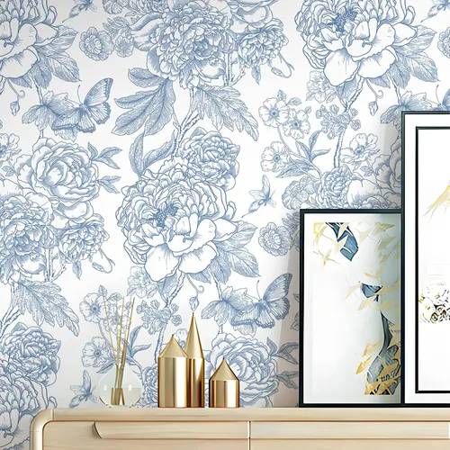 Safiyya Papel tapiz floral para despegar y pegar, papel de contacto azul y blanco, papel tapiz bohemio para dormitorio, papel de pared de peonía