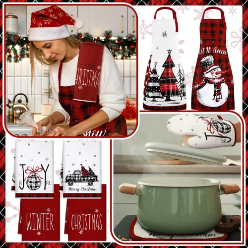 Miniatura 4 de Fourluoo Juego de 12 piezas de decoración de cocina de granja navideña, 4 toallas de cocina, 2 delantales de Navidad, 2 guantes de horno, 2 soportes