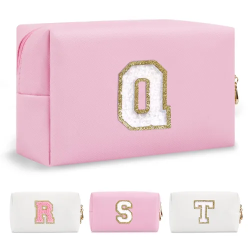 Miniatura 322 de Pequeña bolsa de maquillaje personalizada con inicial A-Z Preppy Patch, bolsa de cosméticos de viaje de felpilla blanca con cremallera, bonita bolsa