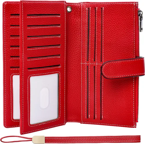 Miniatura 11 de XINNSTAR Cartera para mujer con bloqueo RFID de gran capacidad, cartera larga para mujer con bolsillo de muñeca, con ventana para tarjeta