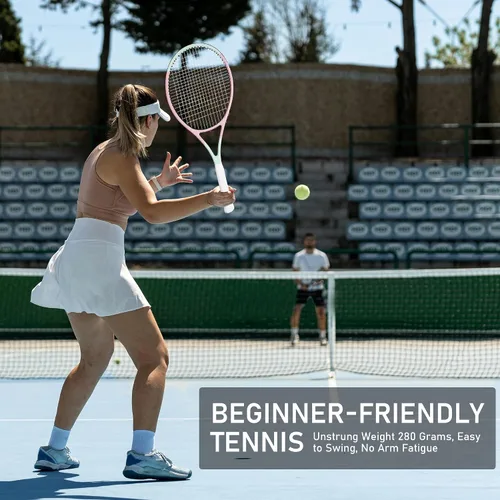 Miniatura 4 de OGEENIER Juego de 2 raquetas de tenis para adultos, 27 pulgadas preencordadas para principiantes, juego de raquetas de tenis de aluminio ligeras