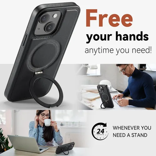 Miniatura 8 de Funda para iPhone 13 con soporte compatible con Magsafe, color negro Magnetic Kickstand, with Tempered Glass Screen Protector, Durable PU Leather